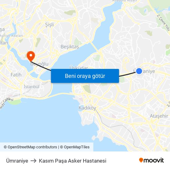 Ümraniye to Kasım Paşa Asker Hastanesi map