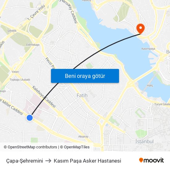 Çapa-Şehremini to Kasım Paşa Asker Hastanesi map