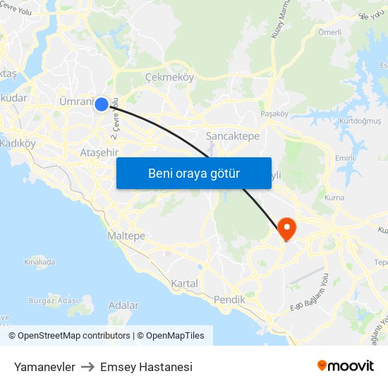 Yamanevler to Emsey Hastanesi map