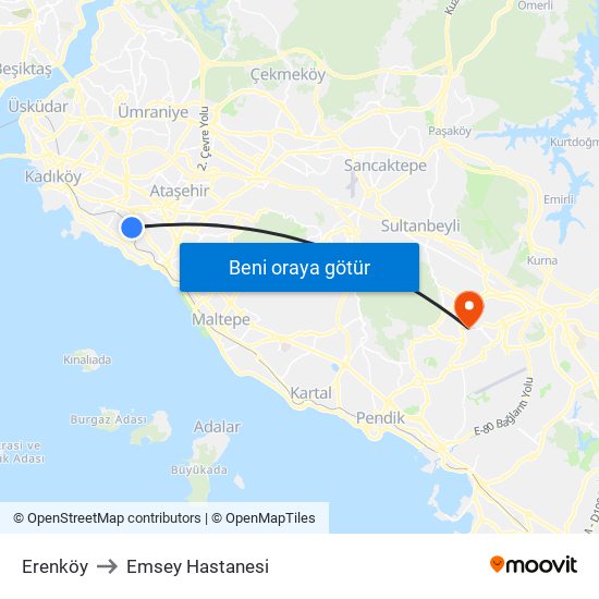 Erenköy to Emsey Hastanesi map
