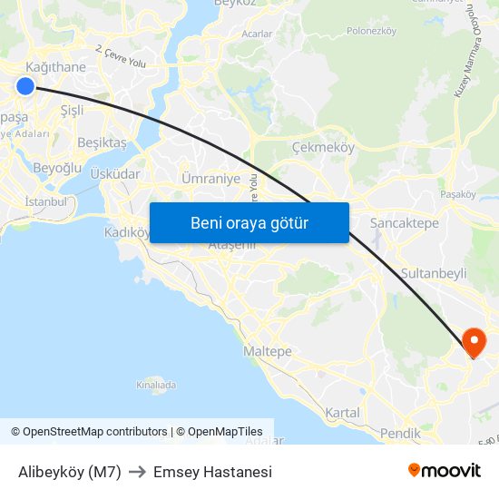 Alibeyköy (M7) to Emsey Hastanesi map