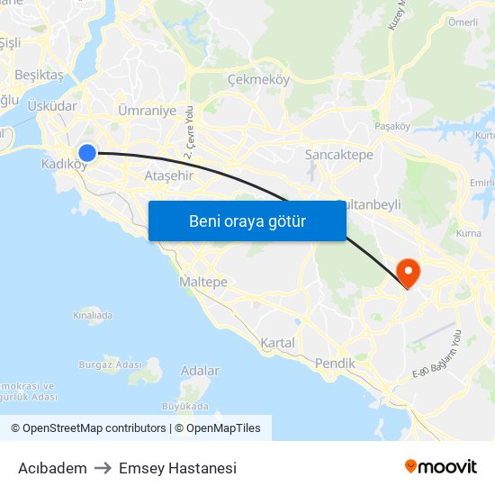 Acıbadem to Emsey Hastanesi map