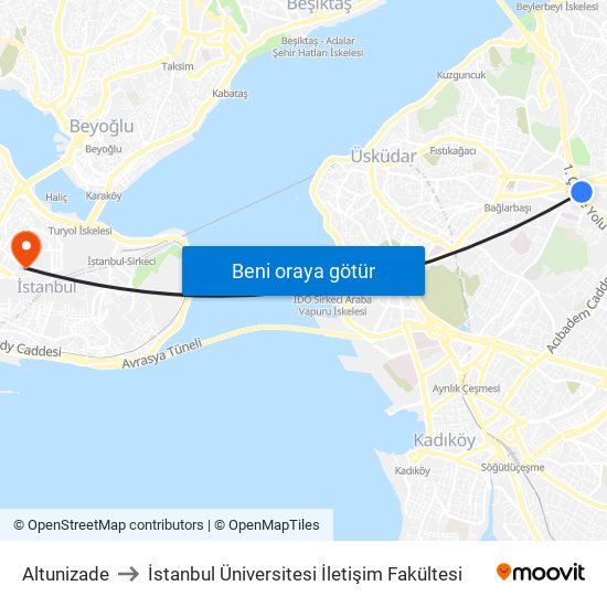 Altunizade to İstanbul Üniversitesi İletişim Fakültesi map