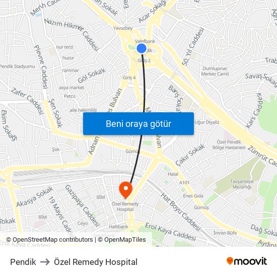 Pendik to Özel Remedy Hospital map