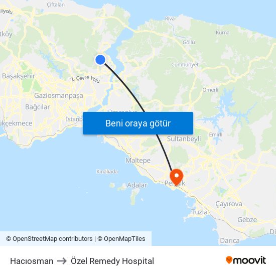 Hacıosman to Özel Remedy Hospital map