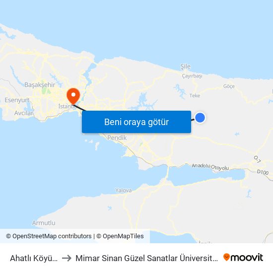 Ahatlı Köyü 1 to Mimar Sinan Güzel Sanatlar Üniversitesi map