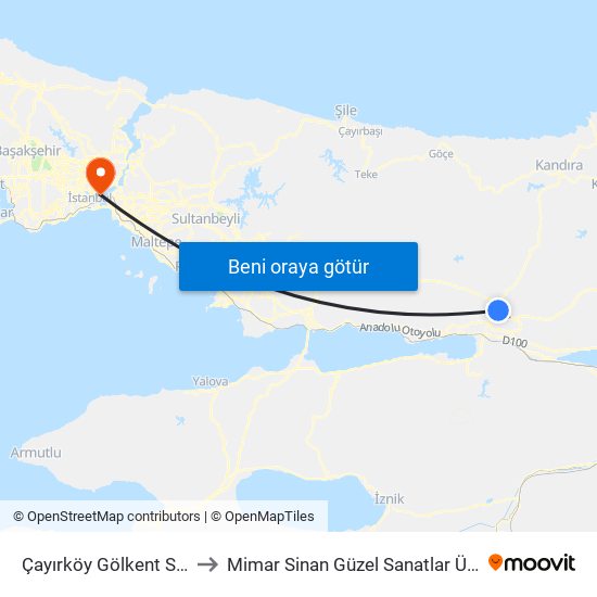 Çayırköy Gölkent Sapağı 1 to Mimar Sinan Güzel Sanatlar Üniversitesi map