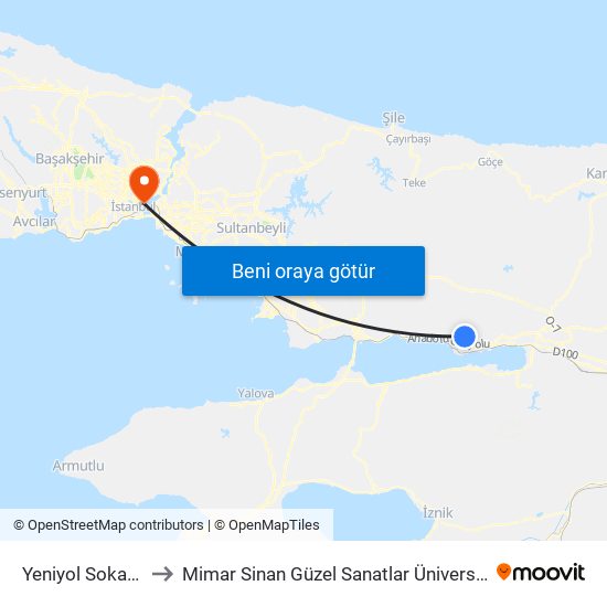 Yeniyol Sokak 1 to Mimar Sinan Güzel Sanatlar Üniversitesi map