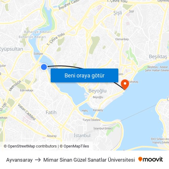 Ayvansaray to Mimar Sinan Güzel Sanatlar Üniversitesi map