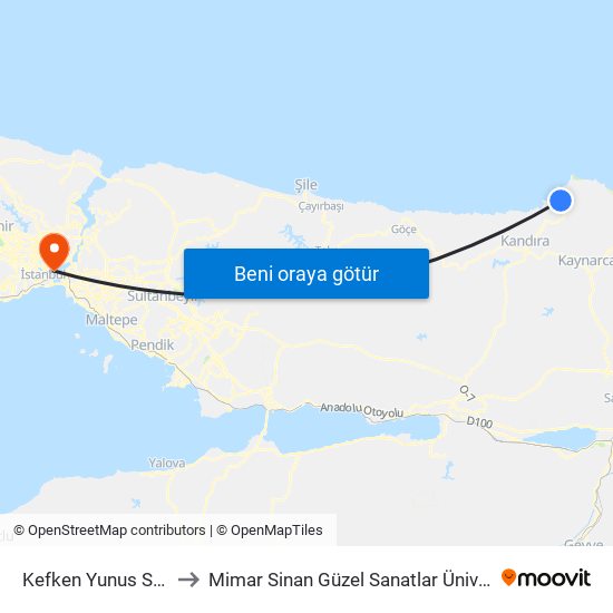 Kefken Yunus Sokak to Mimar Sinan Güzel Sanatlar Üniversitesi map