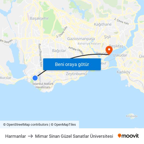 Harmanlar to Mimar Sinan Güzel Sanatlar Üniversitesi map