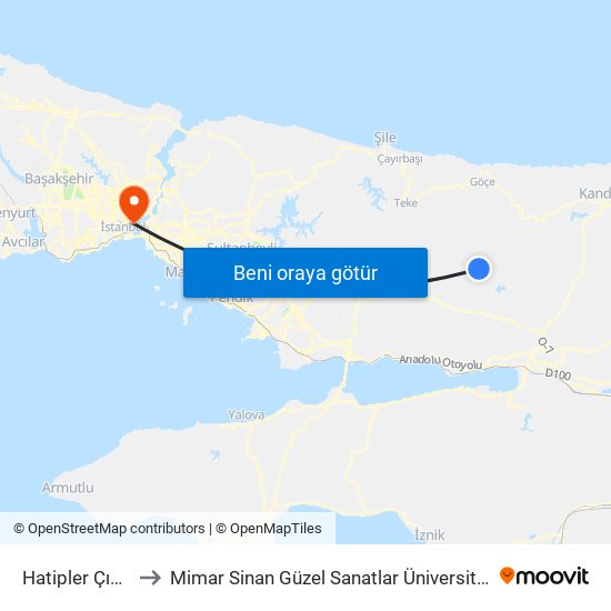 Hatipler Çıkış to Mimar Sinan Güzel Sanatlar Üniversitesi map