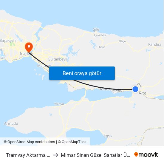 Tramvay Aktarma Durağı to Mimar Sinan Güzel Sanatlar Üniversitesi map