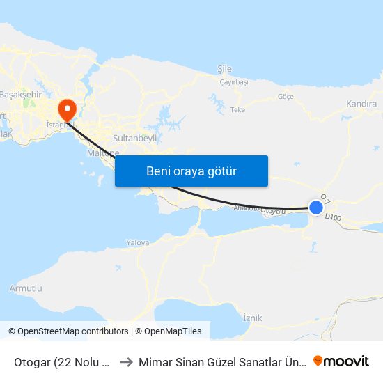 Otogar (22 Nolu Peron) to Mimar Sinan Güzel Sanatlar Üniversitesi map