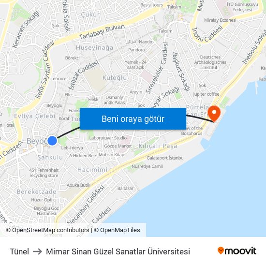Tünel to Mimar Sinan Güzel Sanatlar Üniversitesi map