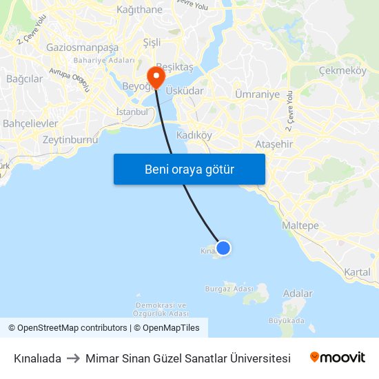 Kınalıada to Mimar Sinan Güzel Sanatlar Üniversitesi map