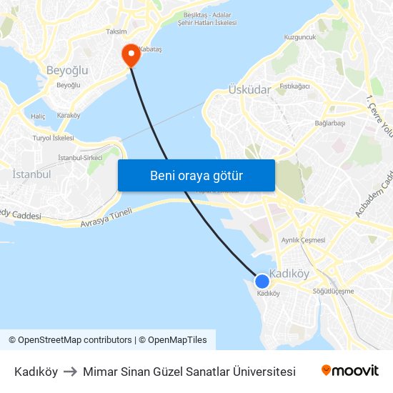 Kadıköy to Mimar Sinan Güzel Sanatlar Üniversitesi map
