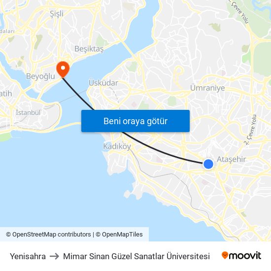 Yenisahra to Mimar Sinan Güzel Sanatlar Üniversitesi map