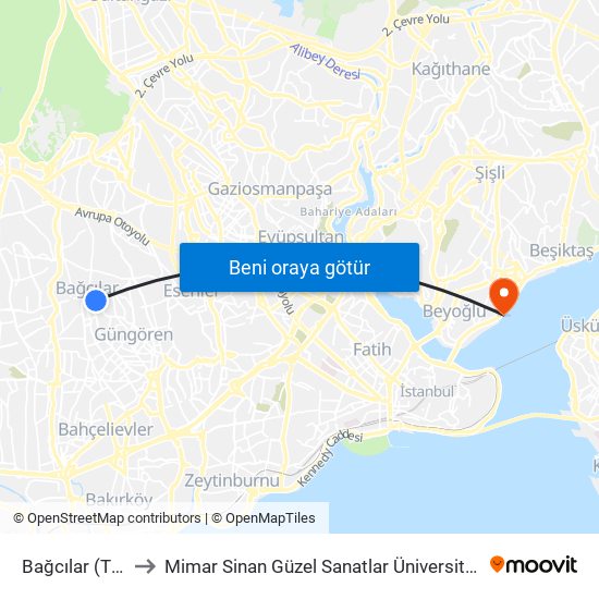 Bağcılar (T1) to Mimar Sinan Güzel Sanatlar Üniversitesi map