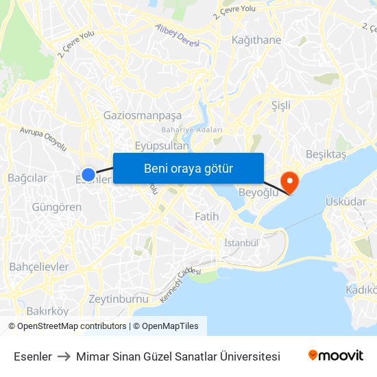 Esenler to Mimar Sinan Güzel Sanatlar Üniversitesi map