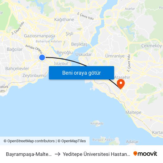 Bayrampaşa-Maltepe to Yeditepe Üniversitesi Hastanesi map