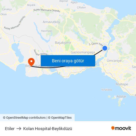 Etiler to Kolan Hospital-Beylikdüzü map