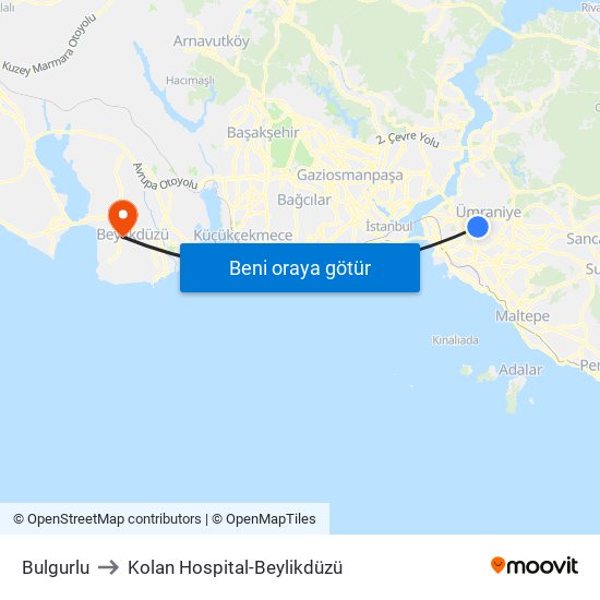 Bulgurlu to Kolan Hospital-Beylikdüzü map