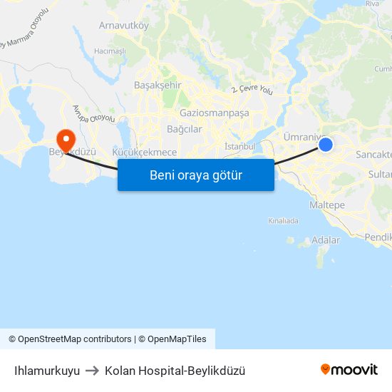 Ihlamurkuyu to Kolan Hospital-Beylikdüzü map