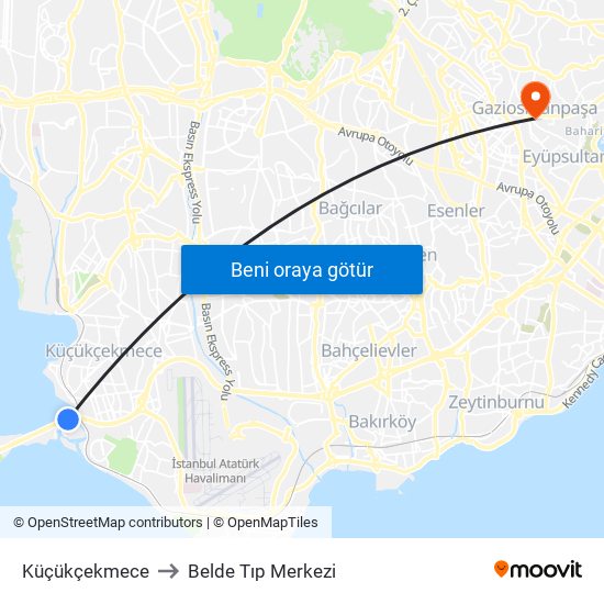 Küçükçekmece to Belde Tıp Merkezi map