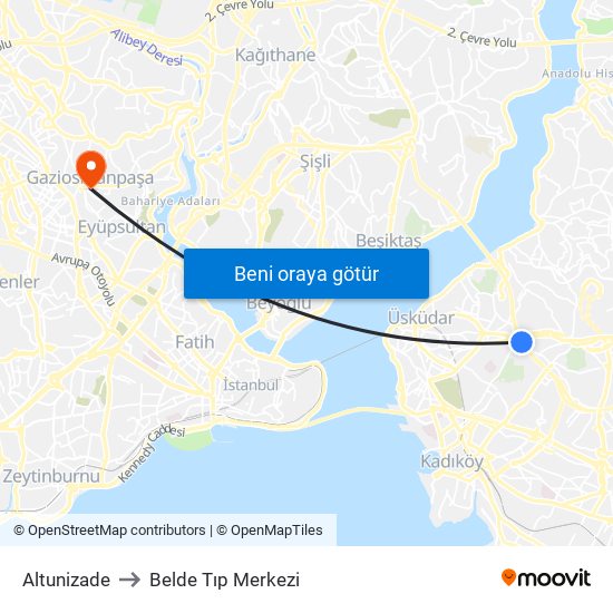 Altunizade to Belde Tıp Merkezi map