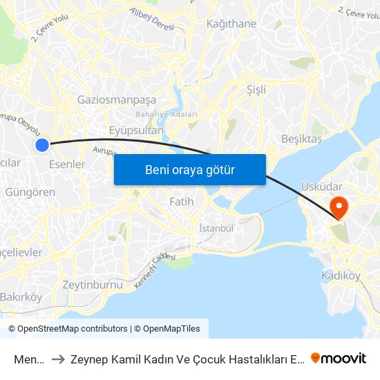 Menderes to Zeynep Kamil Kadın Ve Çocuk Hastalıkları Eğitim Ve Araştırma Hastanesi map