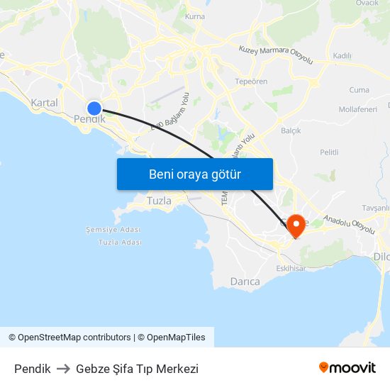 Pendik to Gebze Şifa Tıp Merkezi map