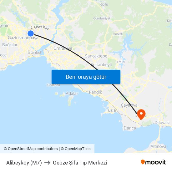 Alibeyköy (M7) to Gebze Şifa Tıp Merkezi map