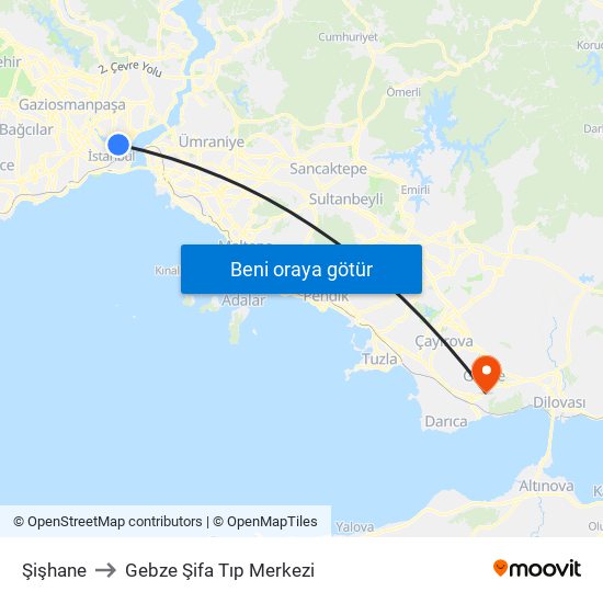 Şişhane to Gebze Şifa Tıp Merkezi map