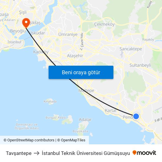 Tavşantepe to İstanbul Teknik Üniversitesi Gümüşsuyu map