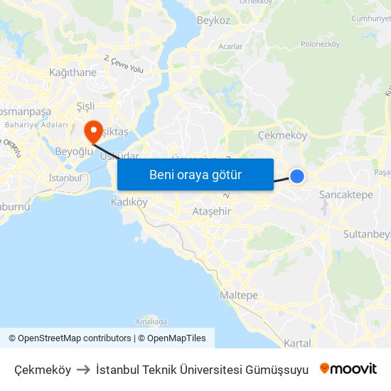 Çekmeköy to İstanbul Teknik Üniversitesi Gümüşsuyu map