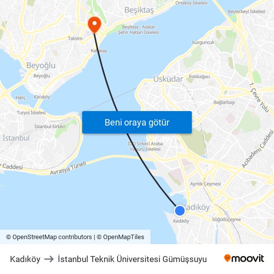 Kadıköy to İstanbul Teknik Üniversitesi Gümüşsuyu map