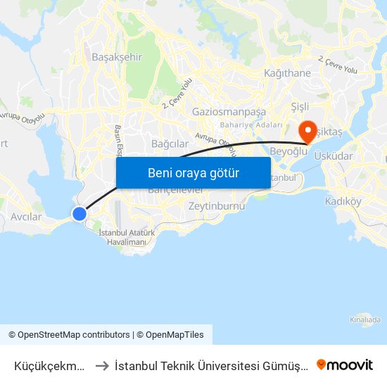 Küçükçekmece to İstanbul Teknik Üniversitesi Gümüşsuyu map