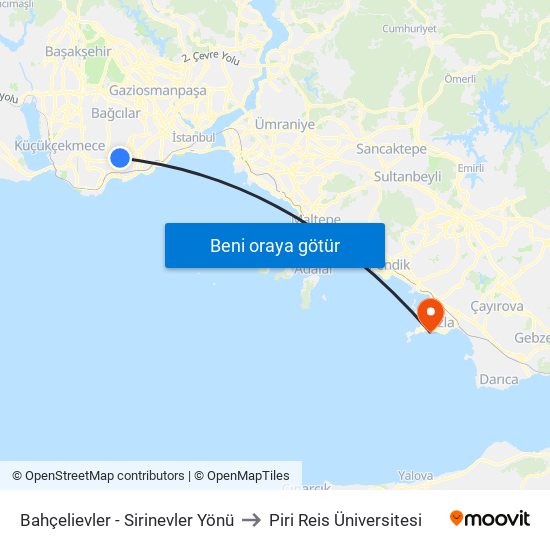 Bahçelievler - Sirinevler Yönü to Piri Reis Üniversitesi map