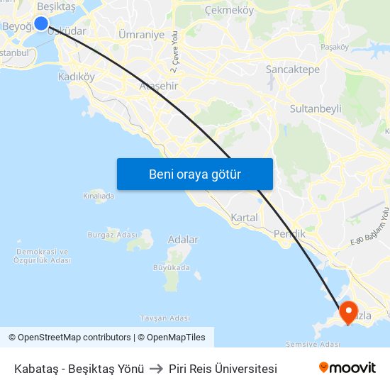 Kabataş - Beşiktaş Yönü to Piri Reis Üniversitesi map