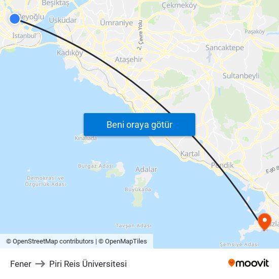 Fener to Piri Reis Üniversitesi map