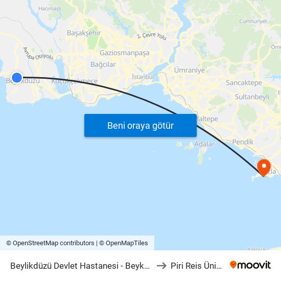 Beylikdüzü Devlet Hastanesi - Beykent-Gürpinar Yönü to Piri Reis Üniversitesi map