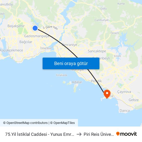 75.Yil İstiklal Caddesi - Yunus Emre Mah. Yönü to Piri Reis Üniversitesi map