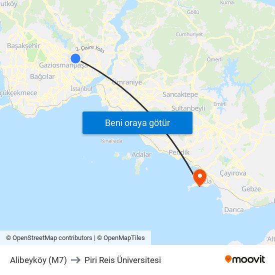 Alibeyköy (M7) to Piri Reis Üniversitesi map