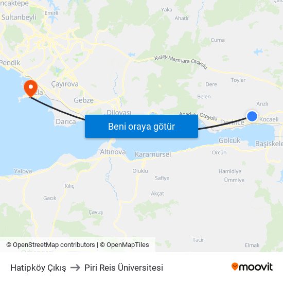 Hatipköy Çıkış to Piri Reis Üniversitesi map