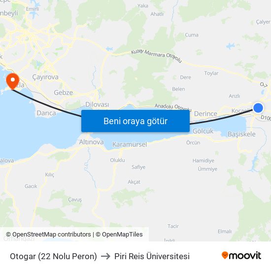 Otogar (22 Nolu Peron) to Piri Reis Üniversitesi map