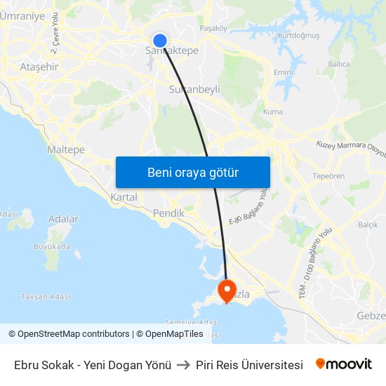 Ebru Sokak - Yeni Doğan Yönü to Piri Reis Üniversitesi map