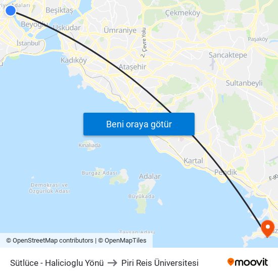 Sütlüce - Halicioglu Yönü to Piri Reis Üniversitesi map