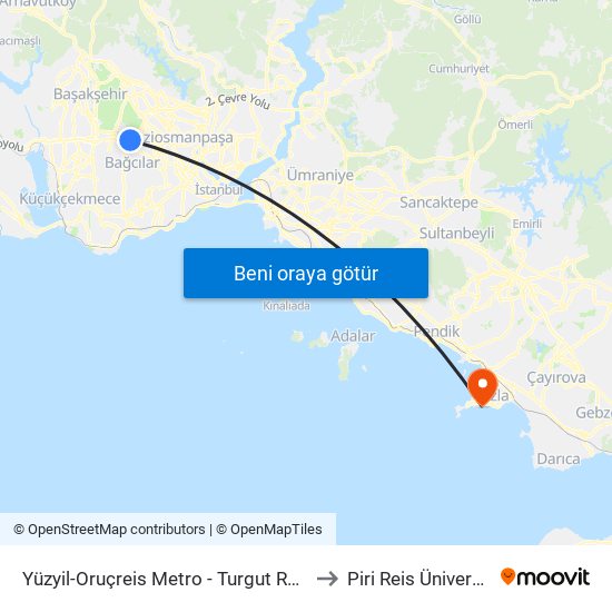 Yüzyil-Oruçreis Metro - Turgut Reis Yönü to Piri Reis Üniversitesi map