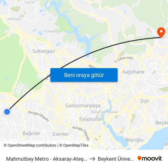 Mahmutbey Metro - Aksaray-Ateştuğla Yönü to Beykent Üniversitesi map